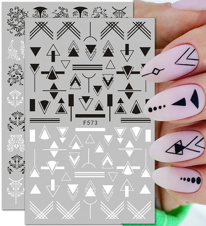 3D Black And White Geometric Lines Nail Stickers Lasting Self-adhesive Love Flower Design Nail Supplies Stickers DlY For Manicur