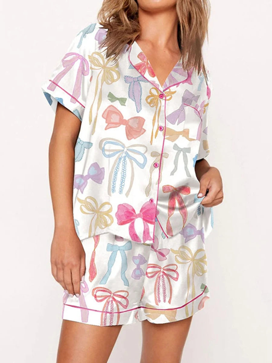 Women's Satin Pajama Set, Lapel Neck Button Down Short Sleeve Tops + Elastic Waist Shorts 2 Pieces Lounge Sleepwear Set