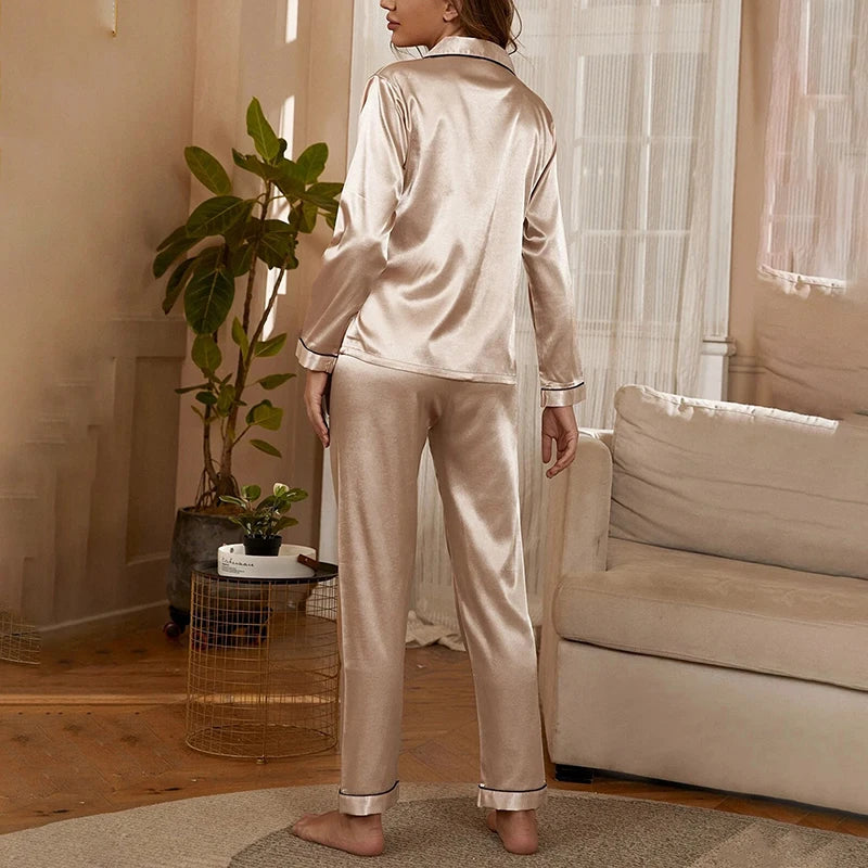 Women's Satin Casual Pajama Autumn Long Sleeve Buttons Lapel Top & Pants Pajamas 2 Piece Set Pocket Letter Embroidery Pyjama Pjs