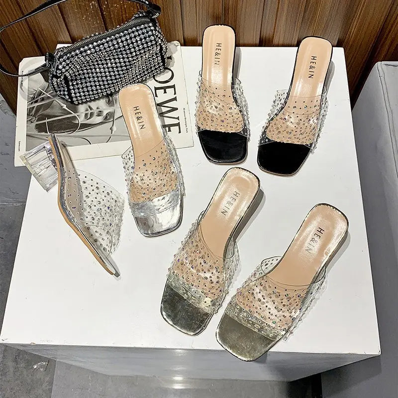 2024 Fashion PVC Transparent Rhinestone Slippers Women Sexy High Heels Square Toe Ladies Shoes Shallow Sandals Slippers Women