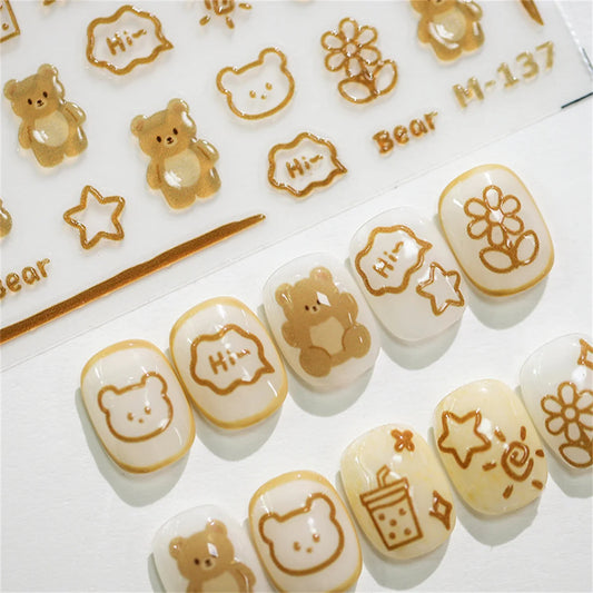 1pcs Kawaii Cute Bear Jelly 5D Nail Art Stickers Kawaii Brown Animals Self Adhesive Nail Art Decoration DIY Slider Beatuy Decals