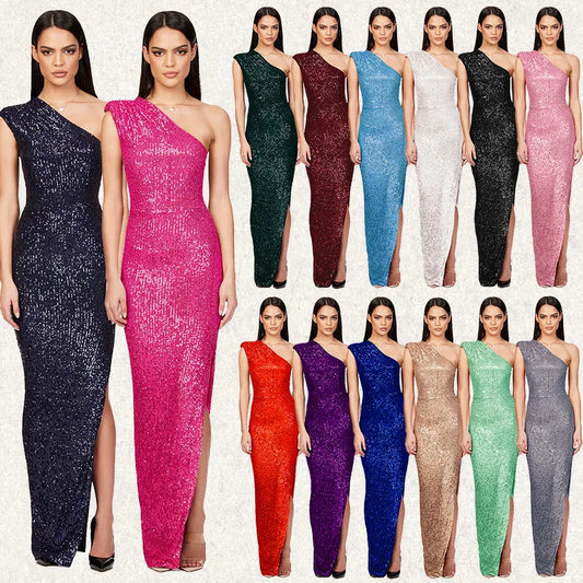 Womens One Shoulder Dresses For formal occasions Criss-Cross Long Dress With Sleeves Sequined Elegant Party Evening Dresses HX86