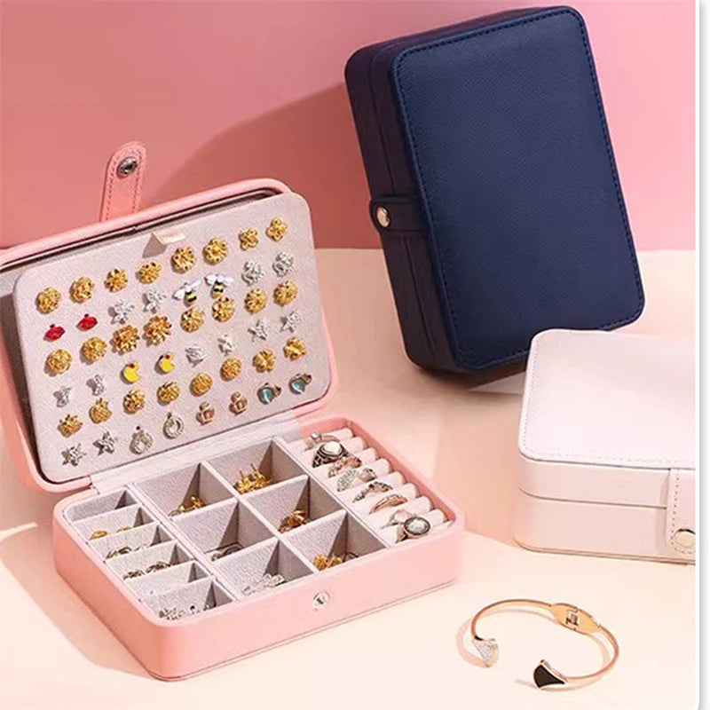 Double-Layer Portable Jewelry Box Organizer Display Travel Necklace Earrings Ring Case Boxes Leather Storage Zipper Jewelers Box