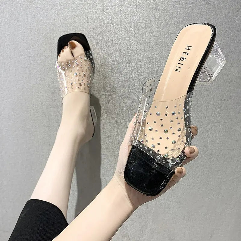 2024 Fashion PVC Transparent Rhinestone Slippers Women Sexy High Heels Square Toe Ladies Shoes Shallow Sandals Slippers Women