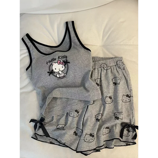 Miniso Sanrio Hellokitty Casual Pajamas Suit Sleeveless Pad Tops Shorts 2 Piece Sets Girls Bowknots Grey Sleepwear Women Clothes