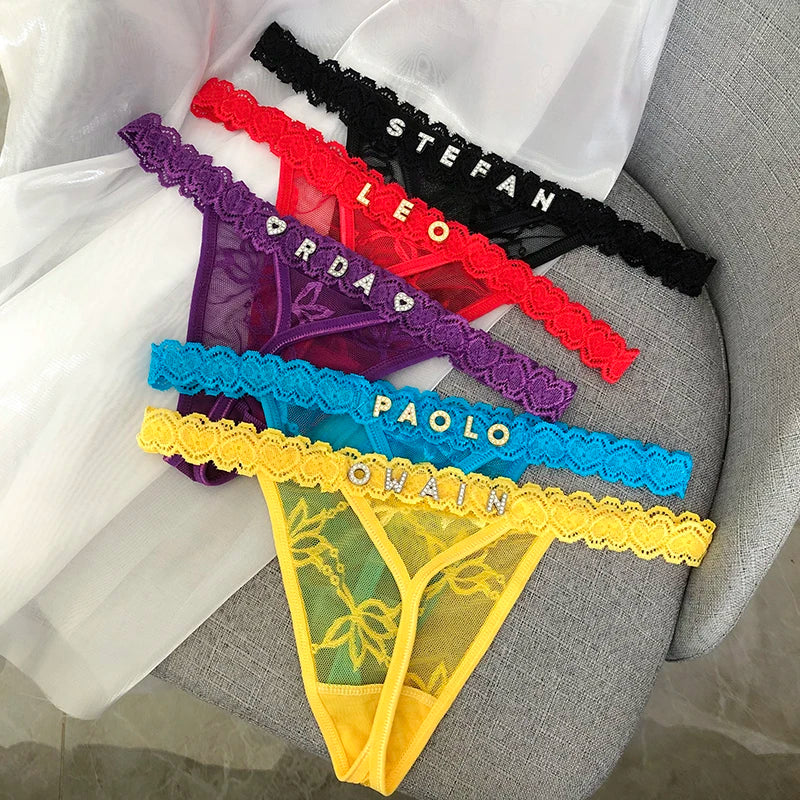 Customize Thongs T-back Shine Crystal Name Letter Women Sexy Lace Custom made Personalized Name G-String Panties tanga