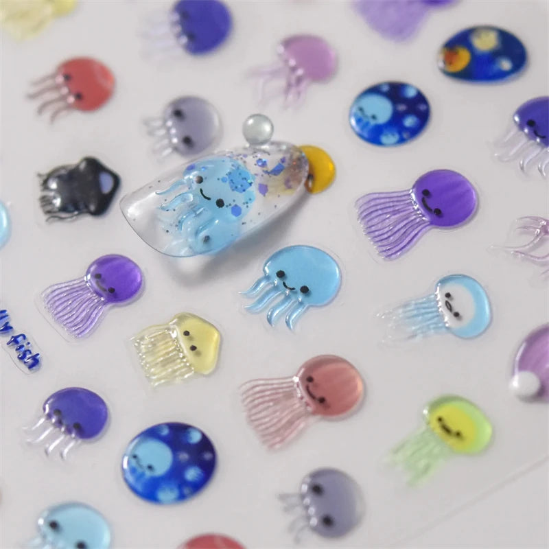 1pcs 5D Kawaii Jelly Nail Art Stickers Cute Jellyfish Self Adhesive Nail Art Decorations Stickers DIY Cartoon Manicure Decals