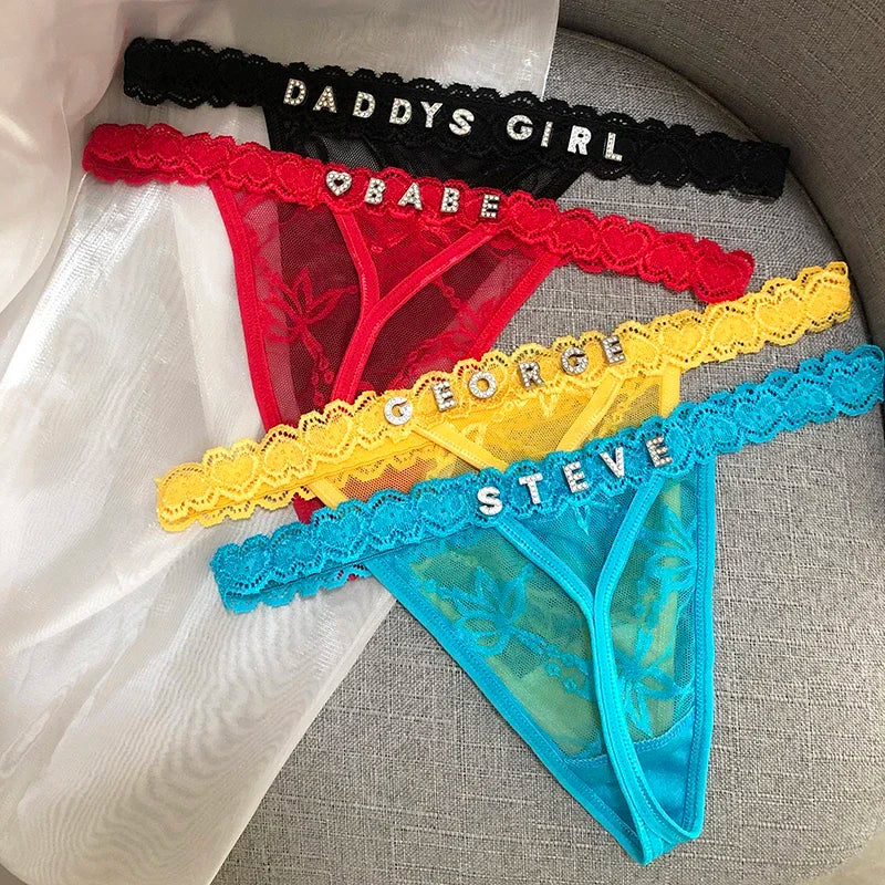 Customize Thongs T-back Shine Crystal Name Letter Women Sexy Lace Custom made Personalized Name G-String Panties tanga