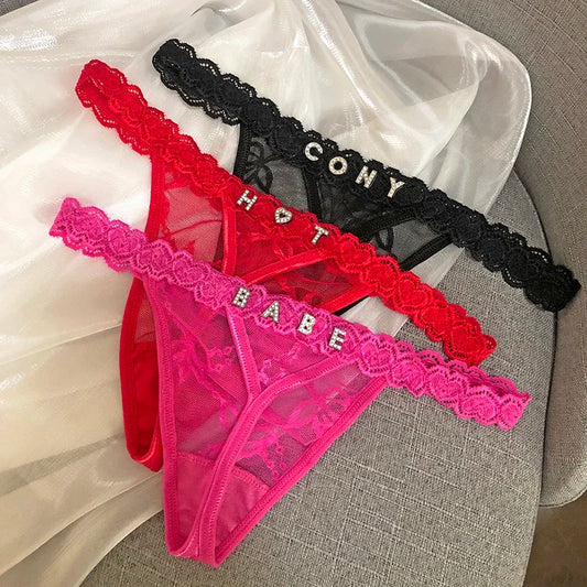 Customize Thongs T-back Shine Crystal Name Letter Women Sexy Lace Custom made Personalized Name G-String Panties tanga