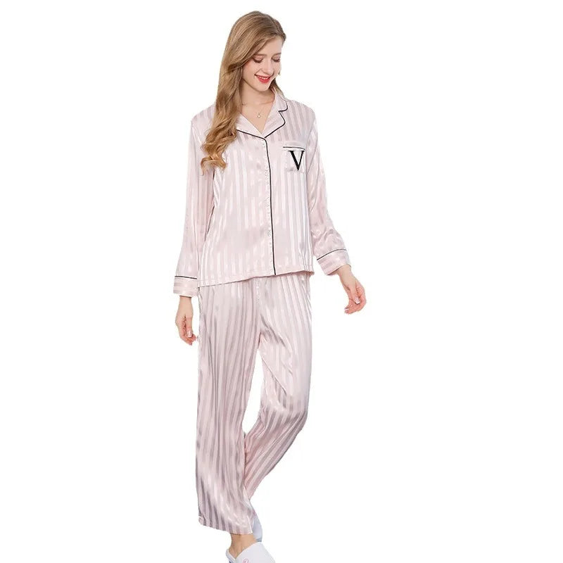 2024 Spring and Autumn New Bright Stripe Home Furnishing Ice Silk Pajamas Women's Nightwear Feminino Fofo Loungewear Women