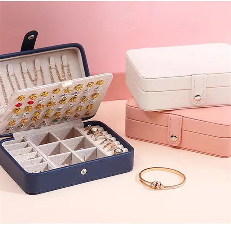 Double-Layer Portable Jewelry Box Organizer Display Travel Necklace Earrings Ring Case Boxes Leather Storage Zipper Jewelers Box