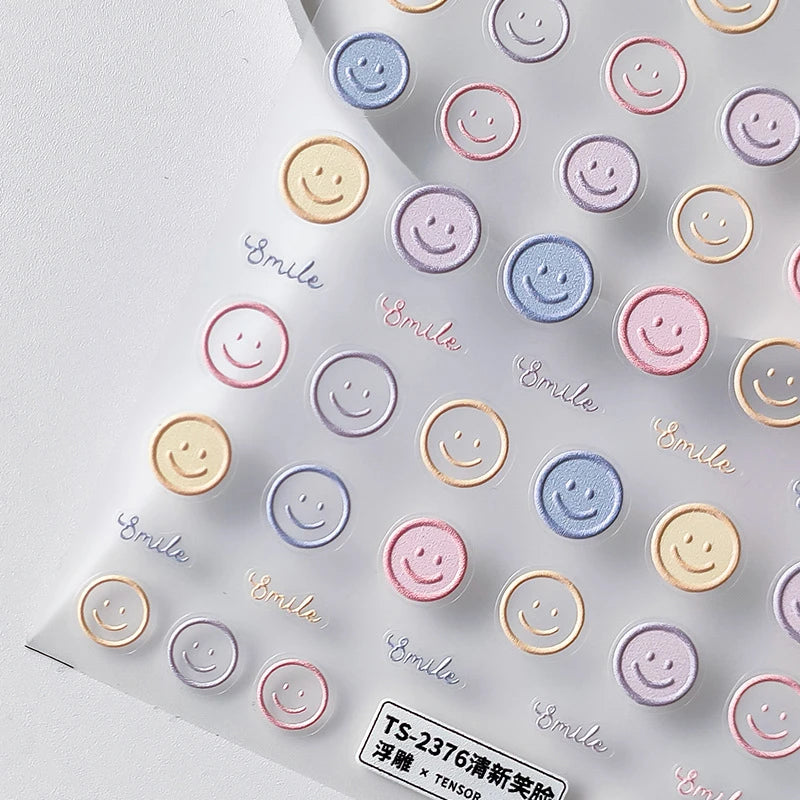 1PCS 5D Kawaii Embossed Exquisite Smiling Face Nail Stickers Japanese Jelly Macaron Nail Art Self-Adhesive DIY Nail Decorations