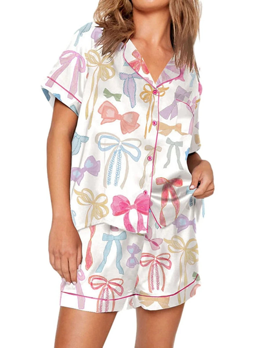 Women's Satin Pajama Set, Lapel Neck Button Down Short Sleeve Tops + Elastic Waist Shorts 2 Pieces Lounge Sleepwear Set