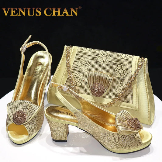 Venus Chan 2024 Italian Design Girly Style Golden Color Wedding Shoes And Bag Full Diamond Decoration Metal Closure Bags