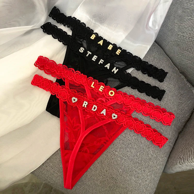 Customize Thongs T-back Shine Crystal Name Letter Women Sexy Lace Custom made Personalized Name G-String Panties tanga