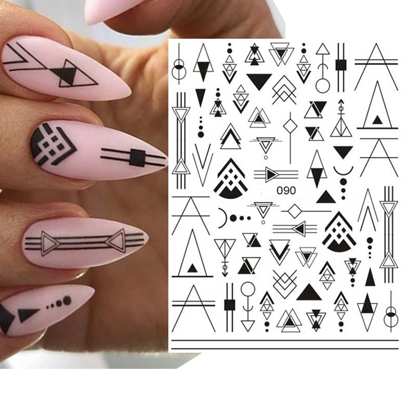 3d Nail Art Decals Black Geometric Lines Designs Adhesive Sliders Nail Stickers Decoration For Manicure