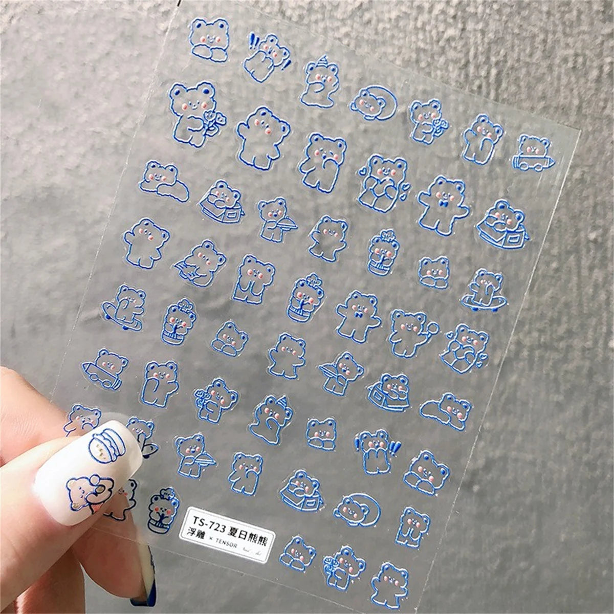 1pcs Cartoon 5D Relief Blue Hollow Bear Nail Art Stickers Kawaii Animals Adhesive Transfer Nail Decorations Slider Decals DIY