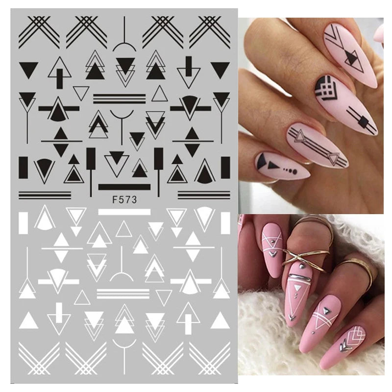 3D Black And White Geometric Lines Nail Stickers Lasting Self-adhesive Love Flower Design Nail Supplies Stickers DlY For Manicur