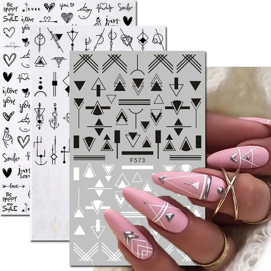 3D Black And White Geometric Lines Nail Stickers Lasting Self-adhesive Love Flower Design Nail Supplies Stickers DlY For Manicur