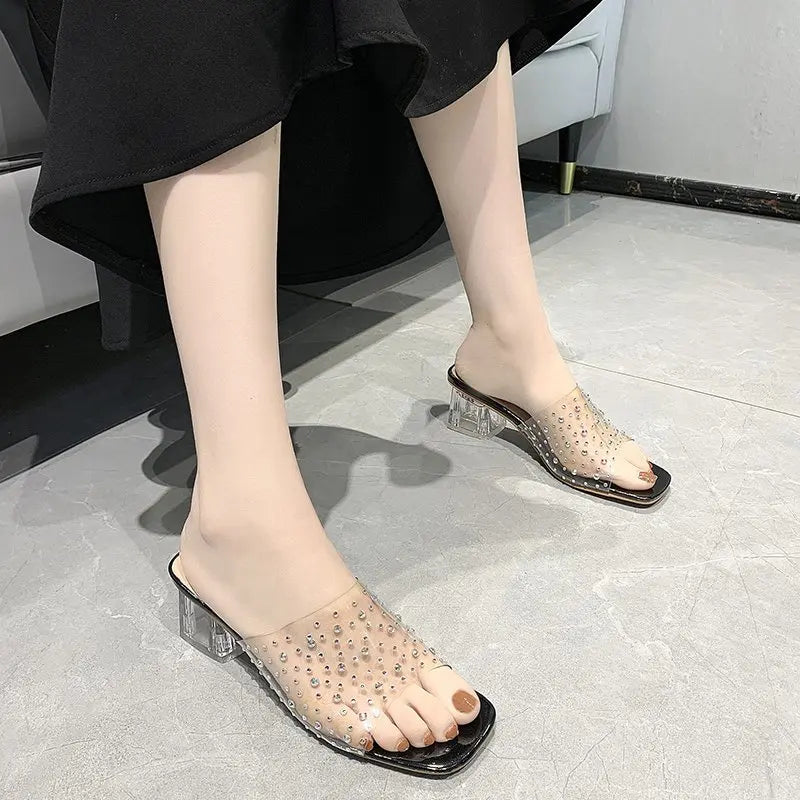 2024 Fashion PVC Transparent Rhinestone Slippers Women Sexy High Heels Square Toe Ladies Shoes Shallow Sandals Slippers Women