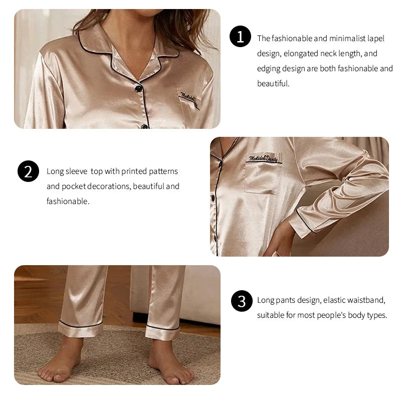 Women's Satin Casual Pajama Autumn Long Sleeve Buttons Lapel Top & Pants Pajamas 2 Piece Set Pocket Letter Embroidery Pyjama Pjs